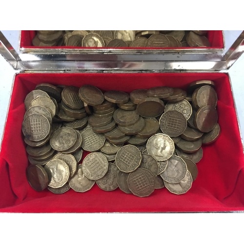 88 - A DECORATIVE WHITE METAL BOX CONTAINING A LARGE QUANTITY OF THREE PENNY PIECES