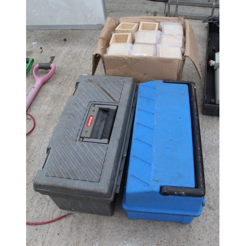 405 - TWO TOOL BOXES & BOX OF THREE WOODEN BOXES - NO VAT