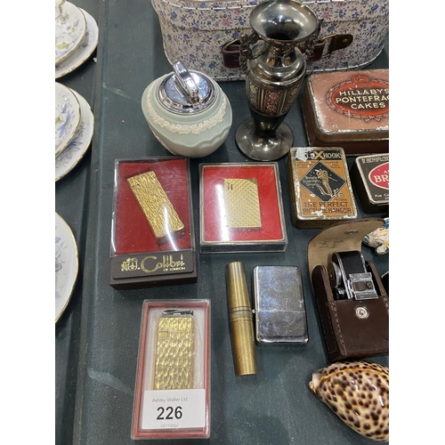 226 - VARIOUS COLLECTABLES ITEMS TO INCLUDE LIGHTERS, TINS, PEWTER VASE WITH A CARRY CASE ETC