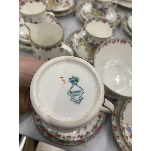 247 - A DIAMOND CHINA PART TEASET TO INCLUDE CAKE PLATES, CUPS, SAUCERS, SIDE PLATES, SUGAR BOWL AND CREAM... 