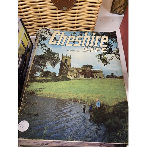 254 - A MIXED LOT TO INCLUDE VINTAGE COPIES OF CHESHIRE LIFE, A TIN OF DOMINOES, OLD WOODEN RECORDER AND R... 