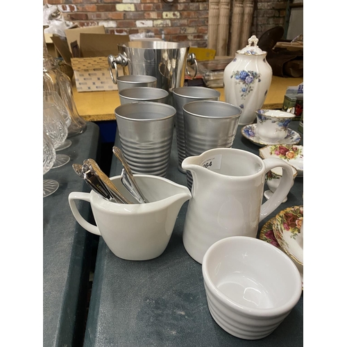 264 - A STAINLESS STEEL ICE BUCKET, METAL TUMBLERS, WHITE JUGS, SPOONS, ETC