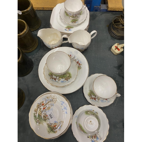 268 - A HUNTING THEMED DUCHESS CHINA TEASET TO INCLUDE PLATES, CUPS, SAUCERS, JUGS, ETC