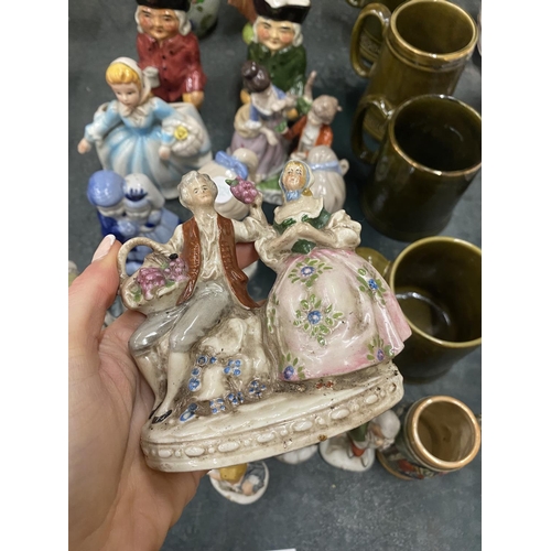 269 - A QUANTITY OF CERAMICS TO INCLUDE TOBY JUGS, CONTINENTAL STYLE FIGURES, MUGS, ETC