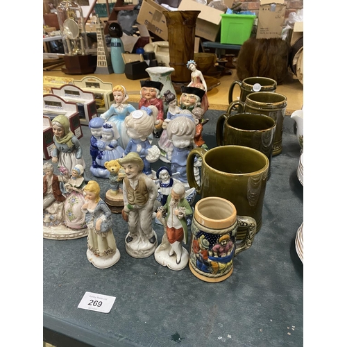 269 - A QUANTITY OF CERAMICS TO INCLUDE TOBY JUGS, CONTINENTAL STYLE FIGURES, MUGS, ETC