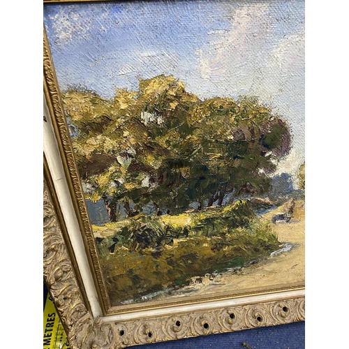 447 - AN INDISTINCTLY SIGNED OIL ON CANVAS OF A COUNTRYSIDE SCENE IN DECORATIVE GILT FRAME, SIGNED TO LOWE... 