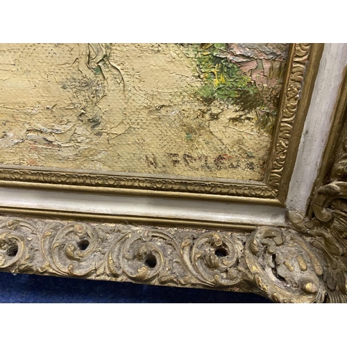 447 - AN INDISTINCTLY SIGNED OIL ON CANVAS OF A COUNTRYSIDE SCENE IN DECORATIVE GILT FRAME, SIGNED TO LOWE... 