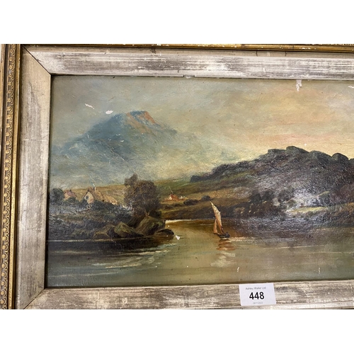 448 - A VICTORIAN OIL ON BOARD DEPICTING A SAILING BOAT IN HIGHLAND LAKE SCENE