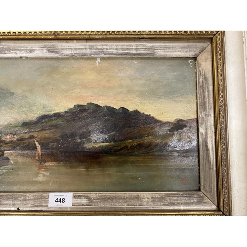 448 - A VICTORIAN OIL ON BOARD DEPICTING A SAILING BOAT IN HIGHLAND LAKE SCENE