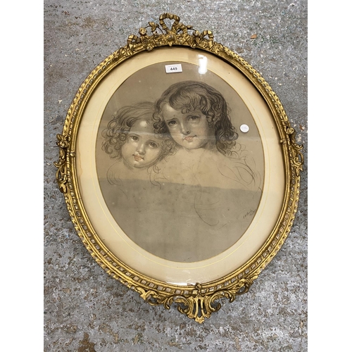 449 - A VICTORIAN GILT FRAMED PENCIL DRAWING OF TWO GIRLS, SIGNED TO LOWER RIGHT CORNER, BASED ON AN EARLI... 