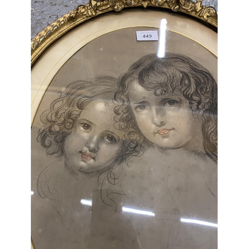 449 - A VICTORIAN GILT FRAMED PENCIL DRAWING OF TWO GIRLS, SIGNED TO LOWER RIGHT CORNER, BASED ON AN EARLI... 