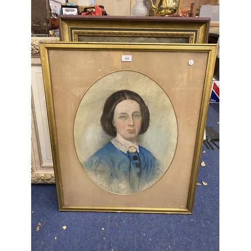 450 - A 19TH CENTURY ENGLISH SCHOOL PASTEL PORTRAIT OF A LADY IN BLUE DRESS, 81 X 63CM