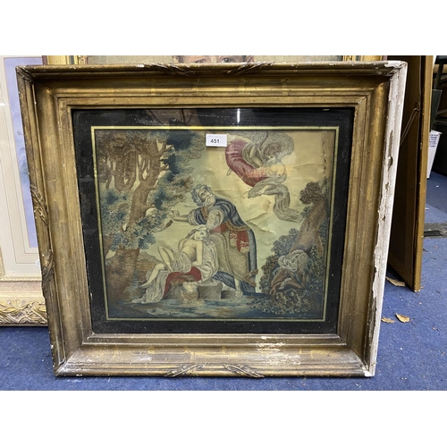 451 - A VICTORIAN GILT FRAMED TAPESTRY ON SILK OF A RELIGIOUS SCENE