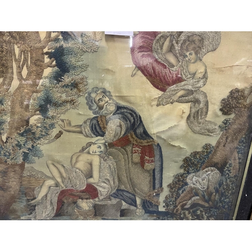 451 - A VICTORIAN GILT FRAMED TAPESTRY ON SILK OF A RELIGIOUS SCENE