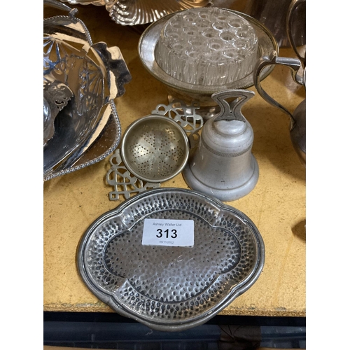 313 - A LARGE QUANTITY OF SILVER PLATED ITEMS TO INCLUDE TEA AND COFFEE POTS, NIBBLES BOWLS, ROSE BOWL, JU... 