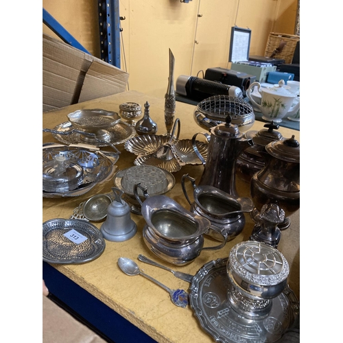 313 - A LARGE QUANTITY OF SILVER PLATED ITEMS TO INCLUDE TEA AND COFFEE POTS, NIBBLES BOWLS, ROSE BOWL, JU... 