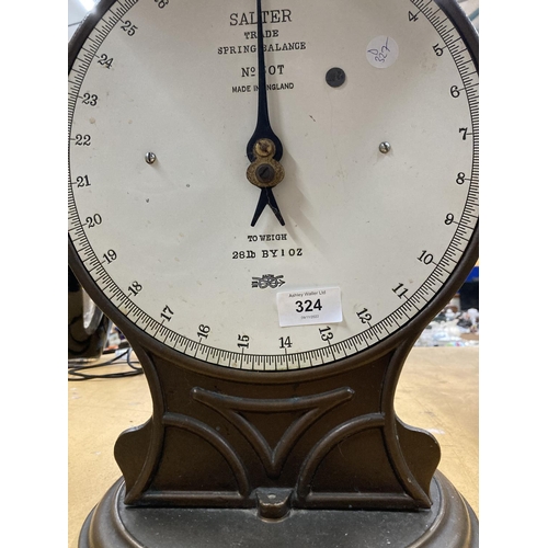 324 - A VINTAGE SSET OF SALTER TRADE SPRING BALANCE SCALES, NUMBER 50T, TO WEIGH 28LB, WITH ENAMELLED FACE... 