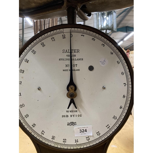 324 - A VINTAGE SSET OF SALTER TRADE SPRING BALANCE SCALES, NUMBER 50T, TO WEIGH 28LB, WITH ENAMELLED FACE... 