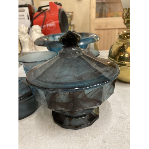 338 - SIX PIECES OF BLUE CLOUD GLASS TO INCLUDE BOWLS, LIDDED POTS, ETC PLUS A FROG