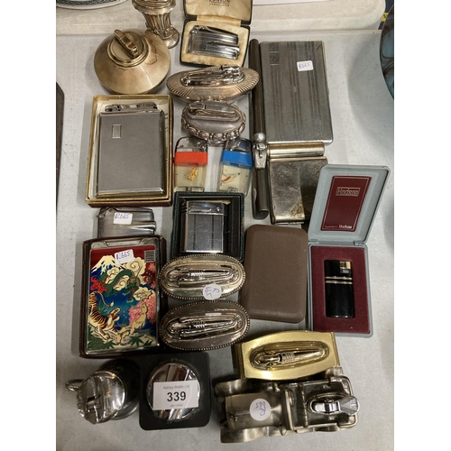 339 - A COLLECTION OF VINTAGE LIGHTERS TO INCLUDE MAINLY RONSON, SOME IN ORIGINAL BOXES