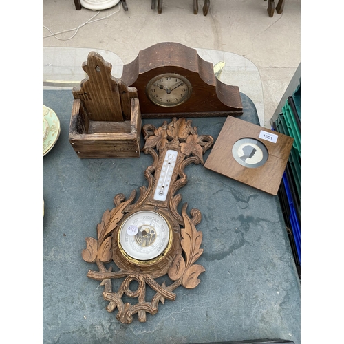 1601 - AN ASSORTMENT OF ITEMS TO INCLUDE A BAROMETER, A CLOCK AND A CANDLE BOX ETC