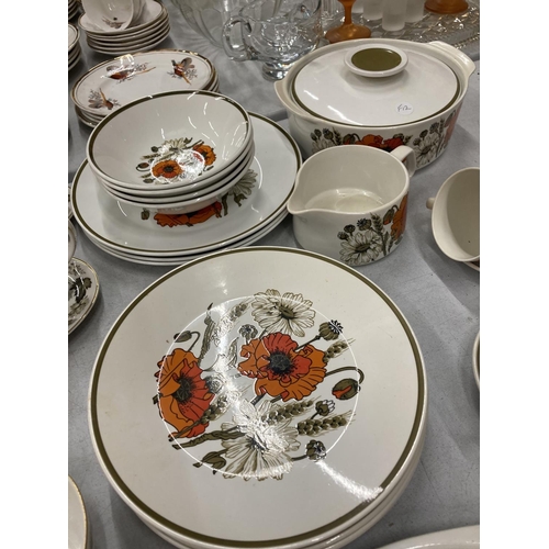 210 - A QUANTITY OF J & G MEAKIN POPPY DINNERWARE (SOME SECONDS) TO INCLUDE PLATES, LIDDED DISH, CUPS AND ... 