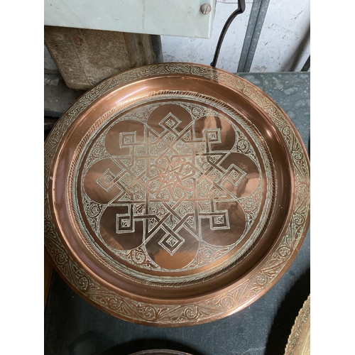 940 - TWO LARGE COPPER TRAYS AND TWO COPPER BOWLS