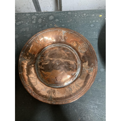 940 - TWO LARGE COPPER TRAYS AND TWO COPPER BOWLS