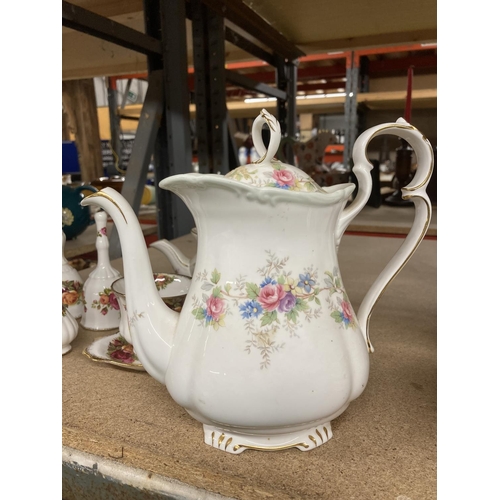 949 - A ROYAL ALBERT COLEEN COFFEEPOT TOGETHER WITH A FURTHER BOATSHAPED CABBAGE ROSE TEAPOT AND HOT WATER... 