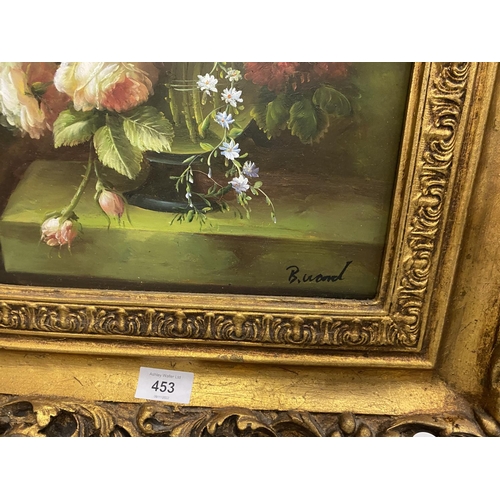 453 - A MODERN GILT FRAMED STILL LIFE OIL PAINTING, SIGNED B.WARD, 72 X 62CM