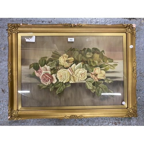 454 - A LARGE GILT FRAMED STILL LIFE OIL PAINTING, UNSIGNED