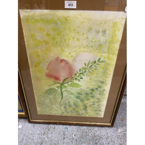 455 - TWO FRAMED WATERCOLOURS OF FLOWERS, ONE INDISTINCTLY SIGNED