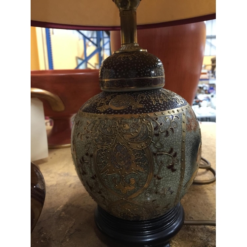 317 - TWO ORIENTAL STYLE TABLE LAMPS WITH CLOISONNE STYLE DECORATION OF ORIENTAL FIGURES, WITH SHADES HEIG... 