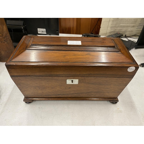 5A - A 19TH CENTURY ROSEWOOD SARCOPHAGUS SHAPED TEA CADDY WITH THREE INNER COMPARTMENTS, 22 X 35 X 17CM