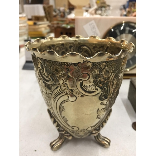 101 - A SILVER PLATED FOOTED BOWL/VASE WITH ETCHED ND EMBOSSED DECORATION HEIGHT 12CM, DIAMETER 10CM