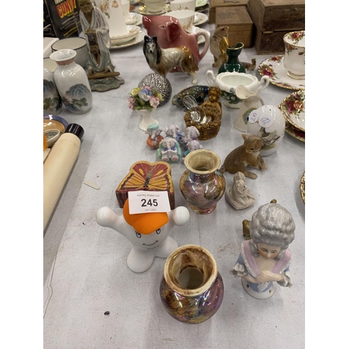 245 - A QUANTITY OF CERAMICS TO INCLUDE ANIMALS, MINI VASES, CONDIMENTS, ETC