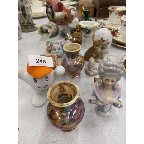 245 - A QUANTITY OF CERAMICS TO INCLUDE ANIMALS, MINI VASES, CONDIMENTS, ETC