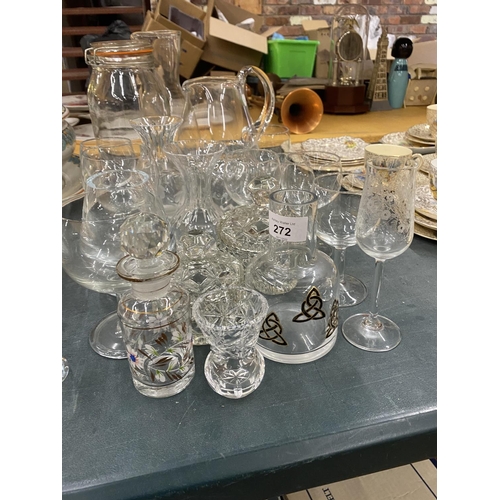 272 - A QUANTITY OF GLASSWARE TO INCLUDE GLASSES, JUGS, LIDDED POTS ETC