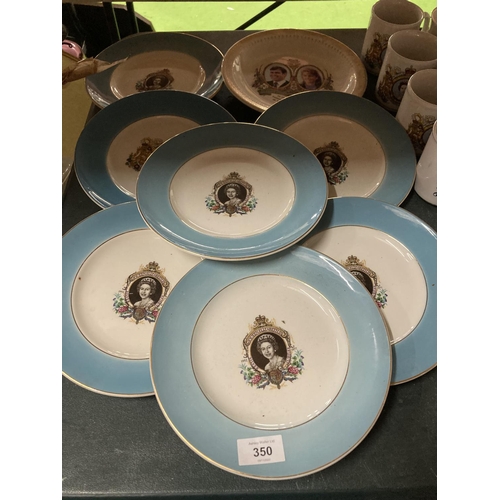 350 - SEVEN COMMEMORATIVE PLATES AND VARIOUS MUGS