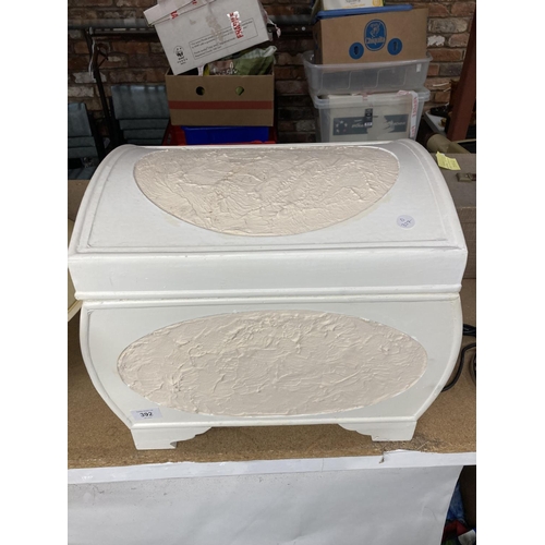 392 - A CREAM STORAGE BOX WITH LIFT UP DOMED LID AND SIDE HANDLES WIDTH 42CM, HEIGHT 38CM