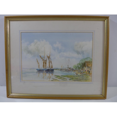 412 - HAROLD CARLOW (BRITISH 20TH/21ST CENTURY) 'BARGES AT PIN MILL', WATERCOLOUR, SIGNED AND DATED 1990, ... 