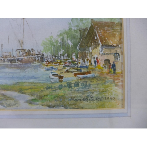 412 - HAROLD CARLOW (BRITISH 20TH/21ST CENTURY) 'BARGES AT PIN MILL', WATERCOLOUR, SIGNED AND DATED 1990, ... 