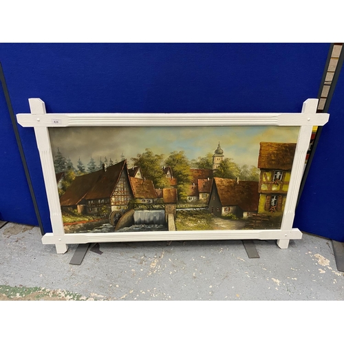 428 - GERMAN VILLAGE WITH WATERMILL, OIL ON CANVAS, INDISTINCTLY SIGNED, 50X100CM, FRAMED