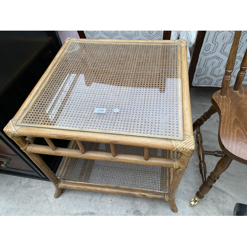 A MODERN BAMBOO AND SPLIT CANE LAMP TABLE WITH INSET GLASS TOP, 24