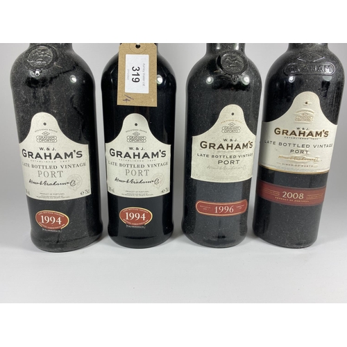 319 - 4 X 75CL BOTTLES - TAYLOR'S LATE BOTTLED VINTAGE PORT, 1994 X 2, 1996 & 2008