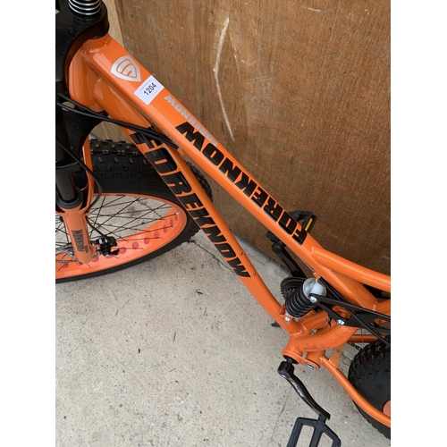 1204 - AN AS NEW ORANGE FOREKNOW SNOW BIKE WITH FRONT AND REAR SUSPENSION AND 24 SPEED SHIMANO GEAR SYSTEM