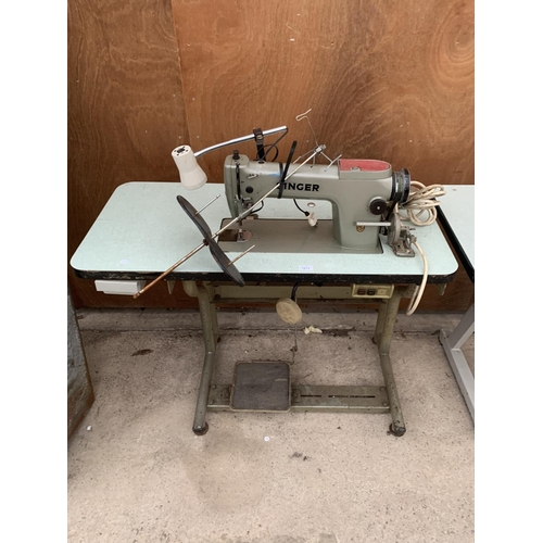 1213 - A VINTAGE SINGER INDUSTRIAL SEWING MACHINE WITH TREADLE BASE