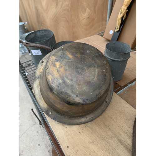 1220 - A VINTAGE COPPER BOWL, THREE VINTAGE COPPER MEASURING VESSLES AND A FURTHER VINTAGE CUP