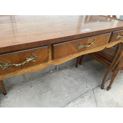 2209 - A 19TH CENTURY STYLE WALNUT AND CROSSBANDED 'BAKER FURNITURE' SIDE TABLE WITH THREE FRIEZE DRAWERS C... 