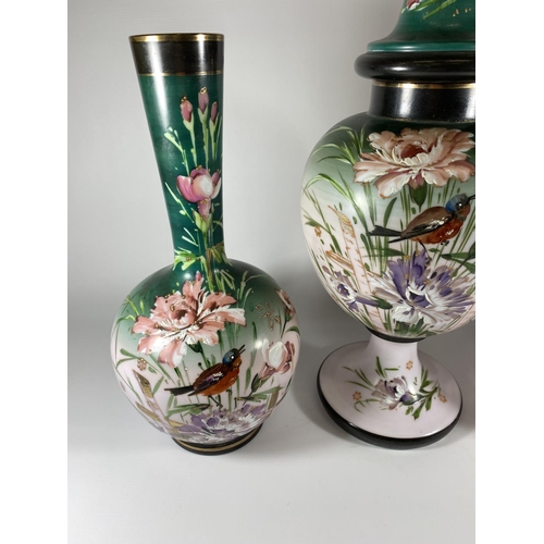 17 - A SET OF THREE VICTORIAN GLASS VASES WITH BIRD & FLORAL DESIGN